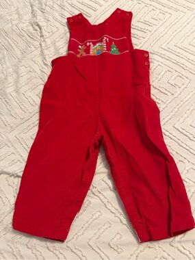 Lani Red Corduroy Holiday Overalls with Embroidered Gingerbread